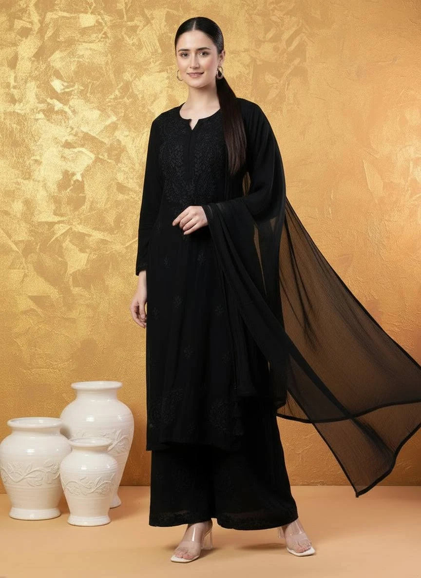 GUNJAN REYON 3PC CHIKANKARI SETS BLACK